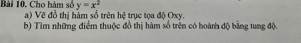 Cho hàm số y=x^2
a) Vẽ đồ thị hàm số trên hệ trục tọa độ Oxy. 
b) Tìm những điểm thuộc đồ thị hàm số trên có hoành độ bằng tung độ.