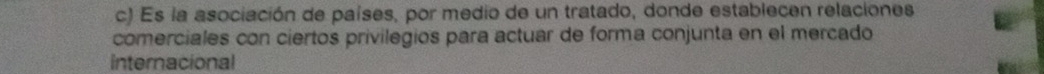 Es la asociación de países, por medio de un tratado, donde establecen relaciones 
comerciales con ciertos privilegios para actuar de forma conjunta en el mercado 
internacional