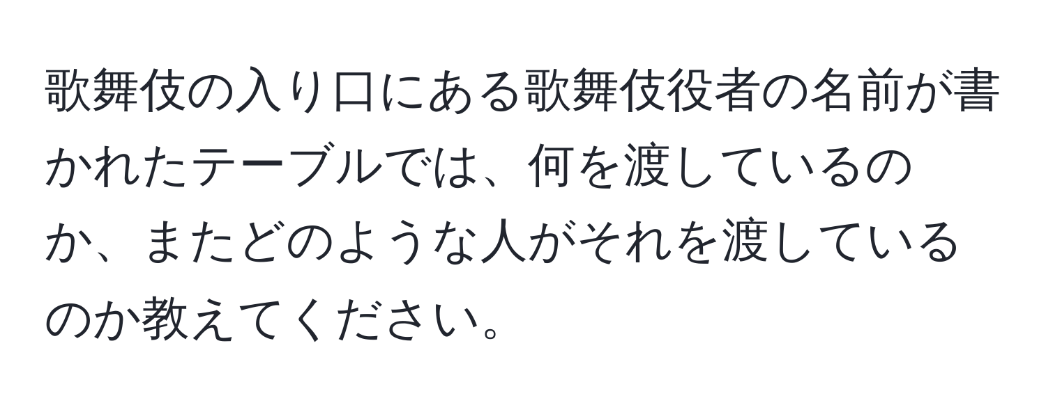 歌舞伎の入り口にある歌舞伎役者の名前が書かれたテーブルでは、何を渡しているのか、またどのような人がそれを渡しているのか教えてください。