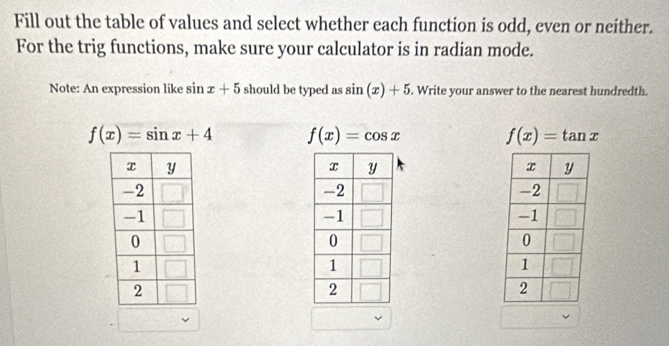 Fill out the table of values and select whether each function is odd, even or neither.
For the trig functions, make sure your calculator is in radian mode.
Note: An expression like sin x+5 should be typed as sin (x)+5. Write your answer to the nearest hundredth.
f(x)=sin x+4
f(x)=cos x
f(x)=tan x