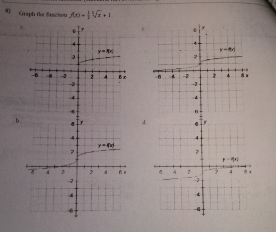 Graph the function f(x)= 1/2 sqrt[3](x)+1

b.