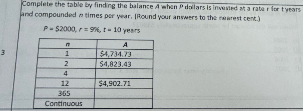 Complete the table by finding the balance A when P dollars is invested at a rate r for t years
and compounded n times per year. (Round your answers to the nearest cent.)
P=$2000, r=9% , t=10 y ears 
3