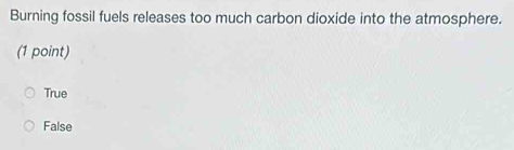 Burning fossil fuels releases too much carbon dioxide into the atmosphere.
(1 point)
True
False