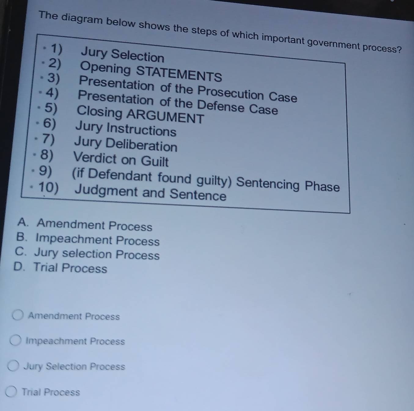 The diagram below shows the steps of which important government process?
1) Jury Selection
2) Opening STATEMENTS
3) Presentation of the Prosecution Case
- 4) Presentation of the Defense Case
· 5) Closing ARGUMENT
• 6) Jury Instructions
- 7) Jury Deliberation
8) Verdict on Guilt
9) (if Defendant found guilty) Sentencing Phase
10) Judgment and Sentence
A. Amendment Process
B. Impeachment Process
C. Jury selection Process
D. Trial Process
Amendment Process
Impeachment Process
Jury Selection Process
Trial Process