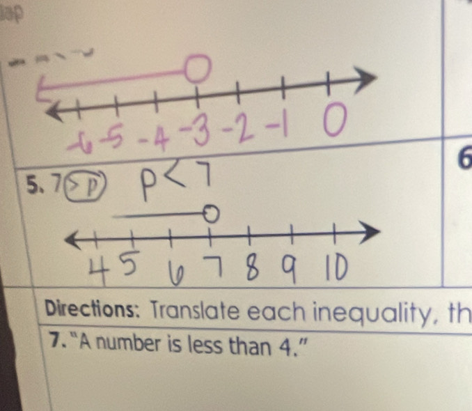 lap 
6 
5. 
Directions: Translate each inequality, th 
7. “A number is less than 4.”