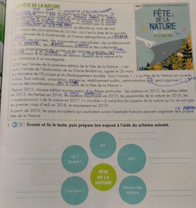 a fête de la nature
  
chaque angée, on organisé
e  t 
ces en contact avec la nature
ation, qui dure cinq jours, se déroule au mois de mai 
hoisit des jours proches du 22 mai, car c'est la date de la Journée
ationale de la biodiversité), en France métropolitaine et d'outre mer 
ant ces journées, des organisations spécialisées, des professionnels
benevores, des élablissements scolaires et des collectivités
es programment des sorties et des activités gratuites : leur but est
omation et la découverte de certains aspects de la nature et la
sibilisation à sa sauvegarde.
2007 est l'année de la première édition de la Fête de la Nature ; c'est
aassi l'année de l'élaboration de sa Charte fendatrice, signée le 26 mars
au Ministère de l'Écologie et du Développement durable. Voici l'article 1 
à tous. Tout individu, association, entreprise, établissement public, administration, eto, peut organiser (.
une ou des manifestations dans le cadre de la Fête de la Nature ».
Depuis 2012, chaque édition tourne autour d'un thème particulier : les oiseaux en 2012, les petites bêtes
en 2013, les herbes en 2014, les espèces aqualiqués en 2015, les passionnés de la nature en 2016, les
« super-pouvoirs » de la nature en 2017, l'« invisible » (c'est-à-dire les aspects de la nature qu'on ne voit pas
au premier coup d'œil) en 2018, le mouvement en 2019...
À partir de 2010, les pays européens qui souhaitent suivre l'exemple français peuvent organiser leur propre
Fête de la Nature:
2 57 Écoute et lis le texte, puis prépare ton exposé à l'aide du schéma suivant.
_
_
But
Ou 7
_
_Quand ? 2007__
Fète
DE LA
NATURE
Thèmes des
_
_C'est quol ? éditions_
_