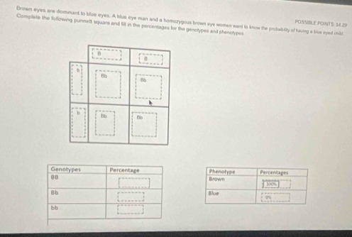 Brown eyes are domnant to blue eyes. A blue eye man and a homozygous brown eye women want to know the probability of having a bue eyed child 
POSSIBLE POINTS: 14.29
Complaite the Sollowing punnett squars and fill in the percentages for the genotypes and phenotypes 
Brown Phenotype Percentages 
Blue