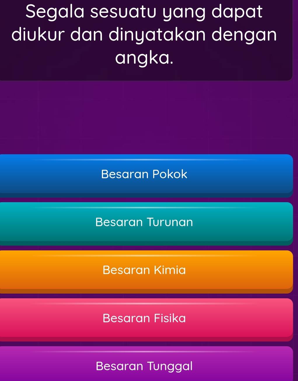 Segala sesuatu yang dapat
diukur dan dinyatakan dengan
angka.
Besaran Pokok
Besaran Turunan
Besaran Kimia
Besaran Fisika
Besaran Tunggal