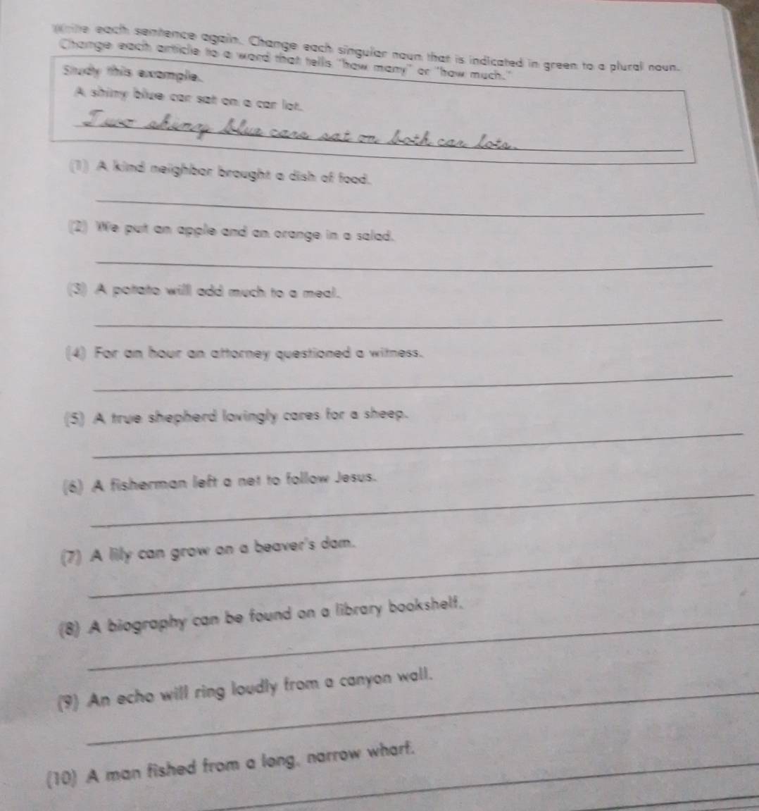 nite each sentence again. Change each singular noun that is indicated in green to a plural noun. 
Change each article to a word that tells "how many" or "how much." 
Study this example. 
A shiy blue car sat on a car lot. 
_ 
_ 
(1) A kind neighbor brought a dish of food. 
_ 
(2) We put an apple and an orange in a salad. 
_ 
(3) A pottato will add much to a meal. 
_ 
(4) For an hour an attorney questioned a witness. 
_ 
_ 
(5) A true shepherd lovingly cares for a sheep. 
_ 
(6) A fisherman left a net to follow Jesus. 
(7) A lily can grow on a beaver's dam. 
(8) A biography can be found on a library bookshelf. 
(9) An echo will ring loudly from a canyon wall. 
_ 
(10) A man fished from a long, narrow wharf.