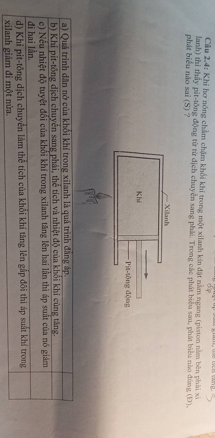 gian, the tíên tang. 
Câu 2.4: Khi hơ nóng chầm chậm khối khí trong một xilanh kín đặt nằm ngang (piston nằm bên phải xi 
lanh) thì thấy pit-tông động từ từ dịch chuyền sang phải. Trong các phát biểu sau, phát biểu nào đúng (Đ), 
phát biểu nào sai (S) ?