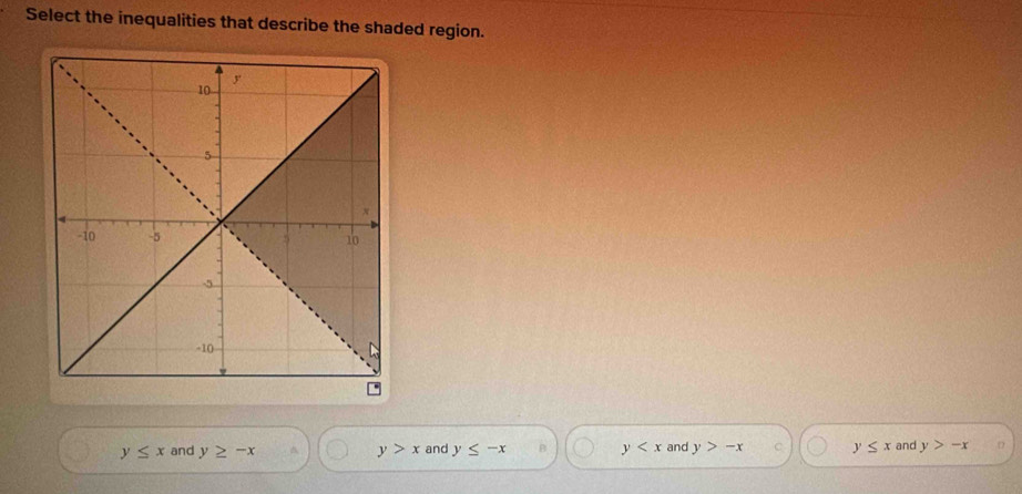 Select the inequalities that describe the shaded region.
y≤ x and y≥ -x ^ y>x and y≤ -x B y and y>-x C y≤ x and y>-x D