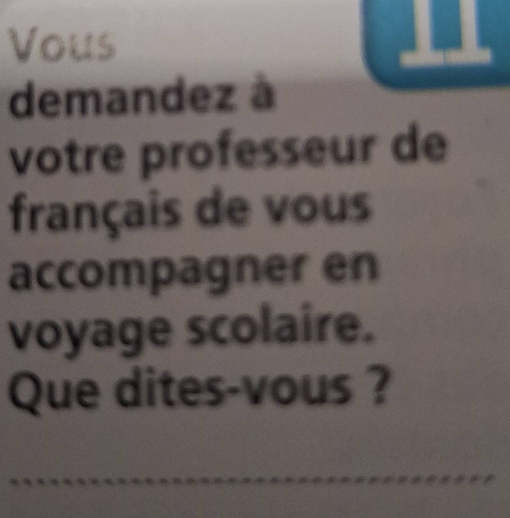 Vous 
11 
demandez à 
votre professeur de 
français de vous 
accompagner en 
voyage scolaire. 
Que dites-vous ?