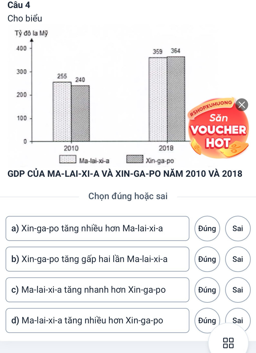 Cho biểu
GDP CủA MA-LAI-XI-A VÀ XIN-GA-PO NĂM 2010 VÀ 2018
Chọn đúng hoặc sai
a) Xin-ga-po tăng nhiều hơn Ma-lai-xi-a Đúng Sai
b) Xin-ga-po tăng gấp hai lần Ma-lai-xi-a Đúng Sai
c) Ma-lai-xi-a tăng nhanh hơn Xin-ga-po Đúng Sai
d) Ma-lai-xi-a tăng nhiều hơn Xin-ga-po Đúng Sai