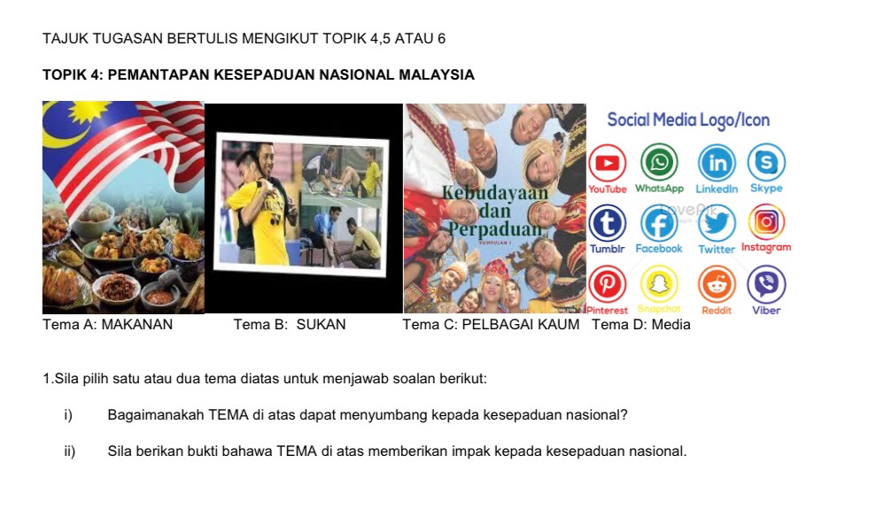 TAJUK TUGASAN BERTULIS MENGIKUT TOPIK 4, 5 ATAU 6
TOPIK 4 : PEMANTAPAN KESEPADUAN NASIONAL MALAYSIA 
1.Sila pilih satu atau dua tema diatas untuk menjawab soalan berikut: 
i) Bagaimanakah TEMA di atas dapat menyumbang kepada kesepaduan nasional? 
ii) Sila berikan bukti bahawa TEMA di atas memberikan impak kepada kesepaduan nasional.