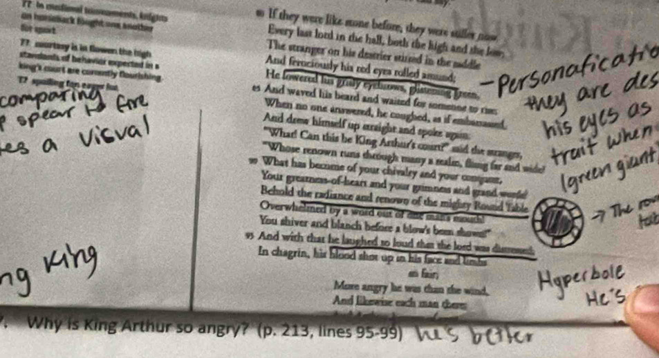 on honselack fäught ons mothr 
If they were like sone before, they were stuller now
17 in madional tonnaments, krights Every last lord in the hall, both the ligh and the low 
for sport The stranger on his destrier stirted in the saddle 
77. courtasy is in flowen the high And fernciously his red eyea rolled amund; 
stavdants of behavior expected in a He lowered his grasly eycbnows, glistening green, 
T2 spailing fon eager lut 
king's court are corently flourishing. es And waved his beard and waited for somene to ris 
When no one answered, he coughed, as if embarrassed 
And drew himself up etraight and spoke agan 
"Whar! Can this be King Arthur's court?" said the stranges, 
"Whose renown runs through many a maln, flung far and wid 
w What has becnme of your chivalry and your conganr, 
Your greamnes-of-heart and your grimnes and grand worde 
Behold the radiance and renown of the mighty Round Tab 
Overwhelned by a word out of one mans mouth! 
You shiver and blanch before a blow's been shown!" 
vs And with that he laughed to loud that the loed was distresse, 
In chagrin, his blood shot up io his face and limbs 
a fan 
More angry he was than the wind, 
And likewinse each man there 
Why is King Arthur so angry? (p. 213, lines 95-99)