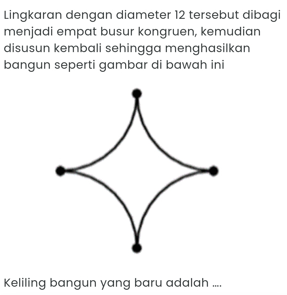 Lingkaran dengan diameter 12 tersebut dibagi 
menjadi empat busur kongruen, kemudian 
disusun kembali sehingga menghasilkan 
bangun seperti gambar di bawah ini 
Keliling bangun yang baru adalah ....