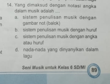 Yang dimaksud dengan notasi angka
dalam musik adalah ....
a a. sistem penulisan musik dengan
gambar not (balok)
b. sistem penulisan musik dengan huruf
c. sistem penulisan musik dengan angka
atau huruf
f d. nada-nada yang dinyanyikan dalam
lagu
Seni Musik untuk Kelas 6 SD/MI 89