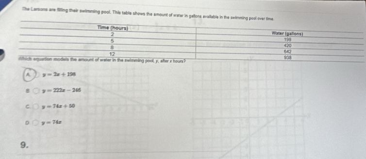 The Larsons are filling their swimming pool. This table shows the amount of water in gallons available in the swimming p
A y=2x+198
y=222x-246
C y=74x+50
y=74x
9.