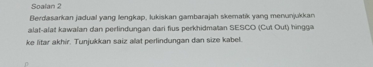 Soalan 2 
Berdasarkan jadual yang lengkap, lukiskan gambarajah skematik yang menunjukkan 
alat-alat kawalan dan perlindungan dari fius perkhidmatan SESCO (Cut Out) hingga 
ke litar akhir. Tunjukkan saiz alat perlindungan dan size kabel.