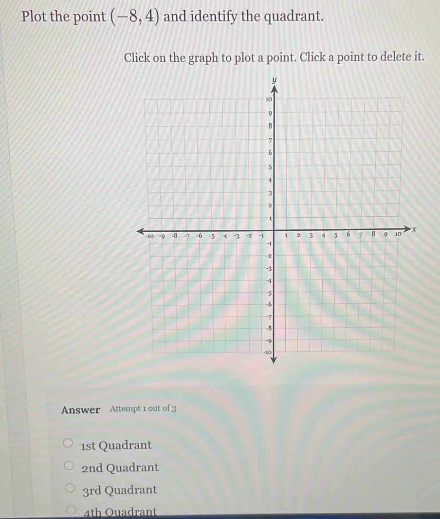 Plot the point (-8,4) and identify the quadrant.
Click on the graph to plot a point. Click a point to delete it.
Answer Attempt 1 out of 3
1st Quadrant
2nd Quadrant
3rd Quadrant
4th Ouadrant