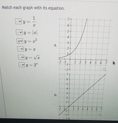 Match each graph with its equation.
y= 1/x 
y=|x|

a
_ -vy=x
y=sqrt(x)
-v| y=2^x
b