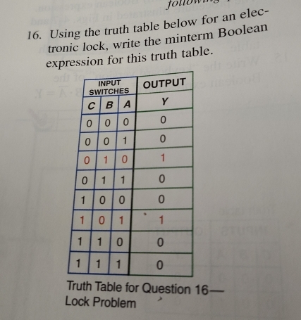 jouow 
16. Using the truth table below for an elec- 
tronic lock, write the minterm Boolean 
expression for this truth table. 
Truth Table for Question 16 
Lock Problem