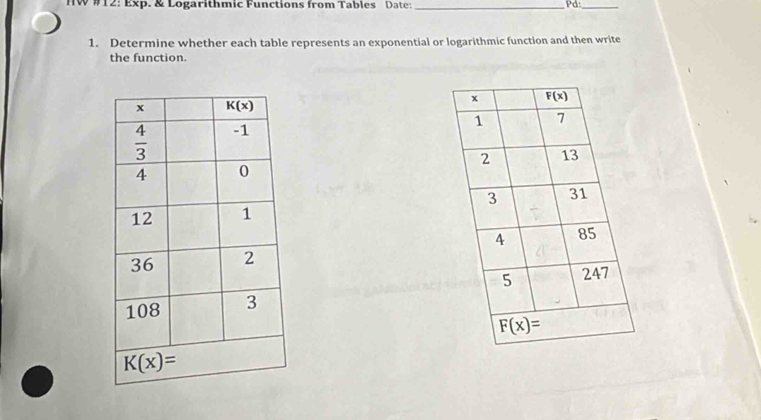 HW #12: Exp. & Logarithmic Functions from Tables Date: _Pd:_
1. Determine whether each table represents an exponential or logarithmic function and then write
the function.