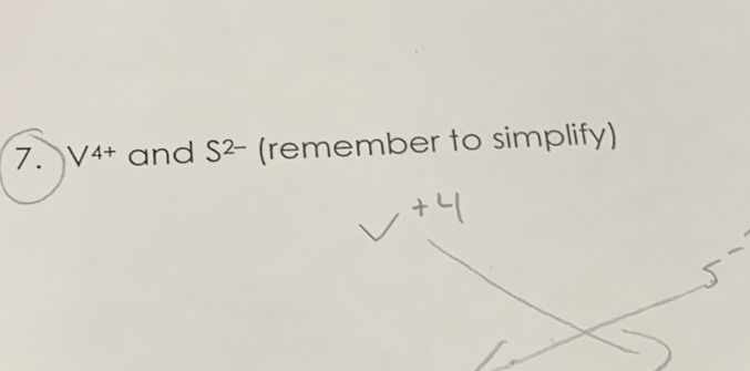 V^(4+) and S^(2-) (remember to simplify)