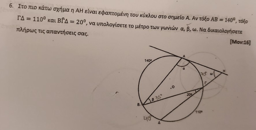 Στοπτιοκάαίτωνοσχήμααη ΑΗ είναιαεφρααπτομένηα του κύκλου στο σημείο ΑΚ Ανρτόξο AB=140° , τόξο
T△ =110°kalpha tBwidehat f△ =20° , να υπολογίσετε το μέτρο των γωνιών α, β, ω. Να δικαιολογήσετε
πλήρως τις απαντήσεις σας.
Mov:16]