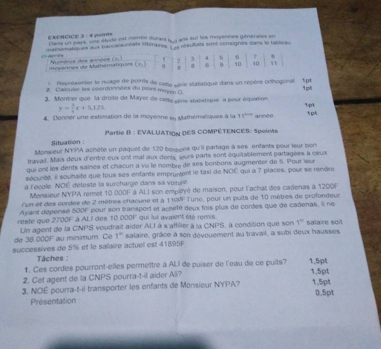 Dans un pays, une étude est menée durant lu  ans sur les moyennes générales en
ues aux baccalauréats littéraires. Les résultats sont consignés dans le tableau
Représenter le nuage de points de cette série statistique dans un repère orthogonal. 1pt
2. Calculer les coordonnées du point moyen G.
1pt
3. Montrer que la droite de Mayer de cette série statistique a pour équation
y= 3/4 x+5,125.
1pt
4. Donner une estimation de la moyenne en Mathématiques à la 11^(thes) année 1pt
Partie B : EVALUATION DES COMPETENCES: 5points
Situation :
Monsieur NYPA achète un paquet de 120 bonbons qu'il partage à ses enfants pour leur bon
travail. Mais deux d'entre eux ont mal aux dents, leurs parts sont équitablement partagées à ceux
qui ont les dents saines et chacun a vu le nombre de ses bonbons augmenter de 5. Pour leur
sécurité, il souhaité que tous ses enfants empruntent le taxi de NOÉ qui a 7 places, pour se rendre
à l'école. NOE déteste la surcharge dans sa voiture.
Monsieur NYPA remet 10.000F à ALI son employé de maison, pour l'achat des cadenas à 1200F
l'un et des cordes de 2 mètres chacune et à 1100F l'une, pour un puits de 10 mètres de profondeur
Ayant dépensé 500F pour son transport et acheté deux fois plus de cordes que de cadenas, il ne
reste que 2700F à ALI des 10.000F qui lui avaient été remis.
Un agent de la CNPS voudrait aider ALI à s'affilier à la CNPS, à condition que son 1^(st^) salaire soit
de 36.000F au minimum. Ce 1° salaire, grâce à son dévouement au travail, a subi deux hausses
successives de 5% et le salaire actuel est 41895F
Täches :
1. Ces cordes pourront-elles permettre à ALI de puiser de l'eau de ce puits? 1,5pt
1.5pt
2. Cet agent de la CNPS pourra-t-il aider Ali? 1,5pt
3. NOÉ pourra-t-il transporter les enfants de Monsieur NYPA?
Présentation 0.5pt