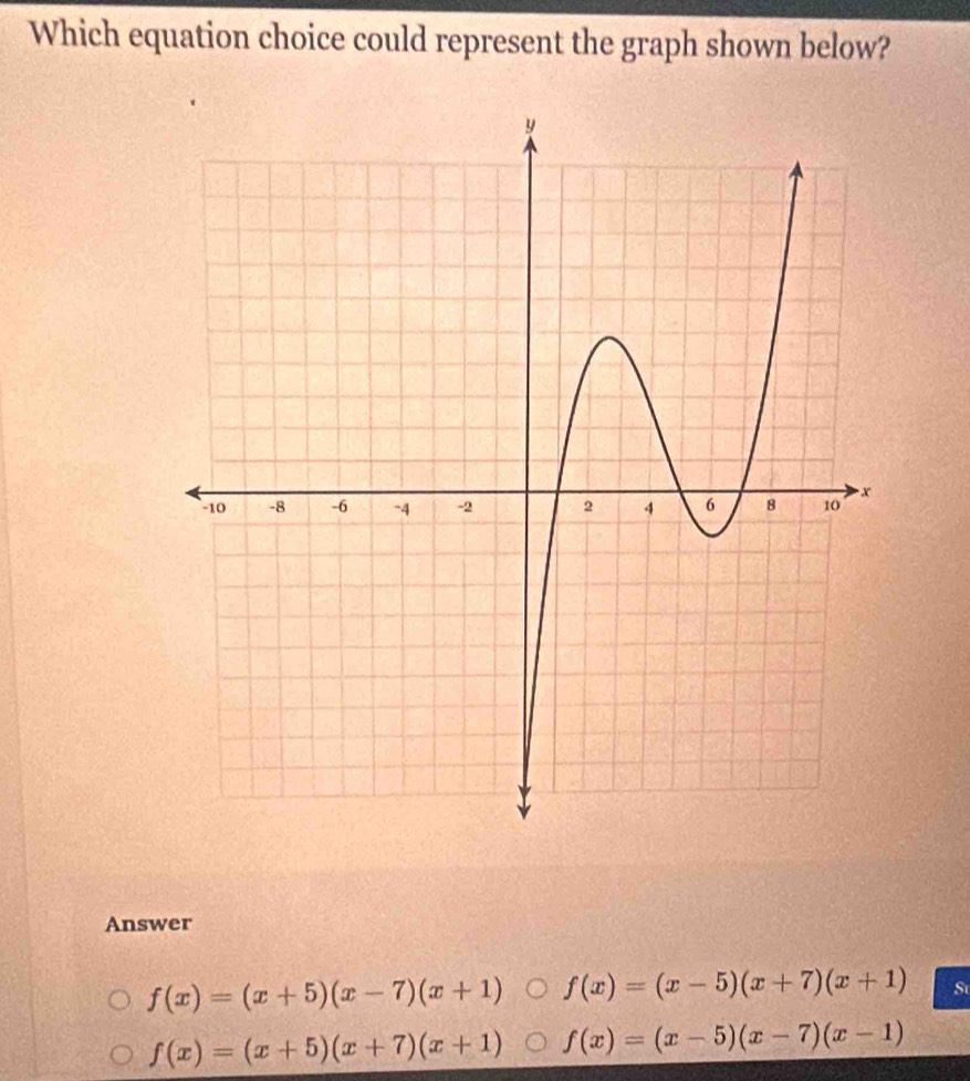 Which equation choice could represent the graph shown below?
Answer
f(x)=(x+5)(x-7)(x+1) f(x)=(x-5)(x+7)(x+1) St
f(x)=(x+5)(x+7)(x+1) f(x)=(x-5)(x-7)(x-1)