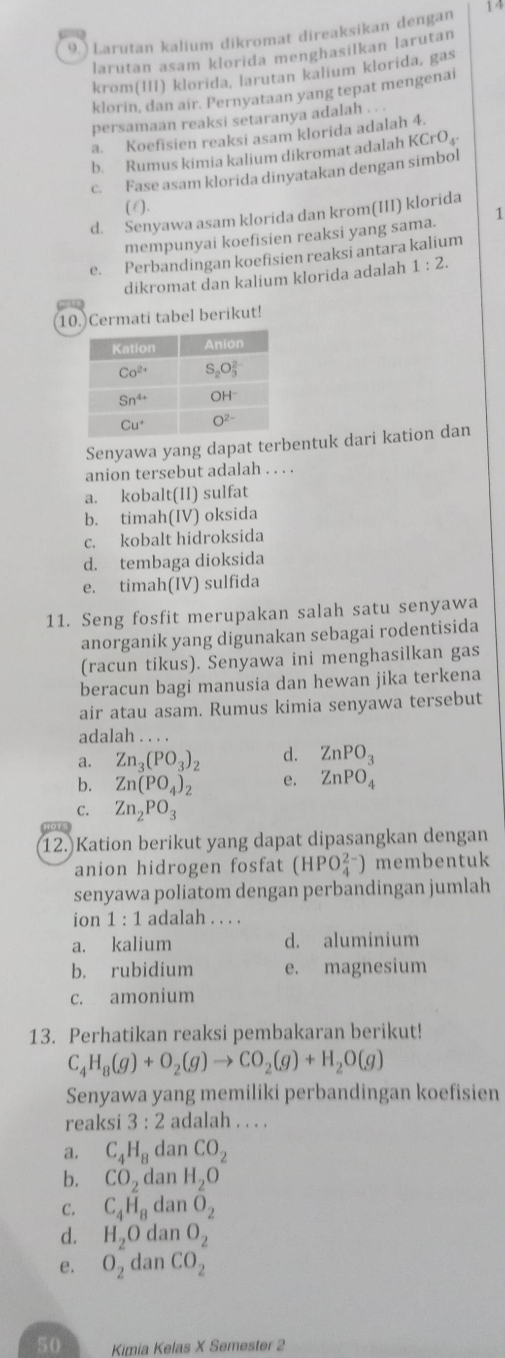 14
9. ) Larutan kalium dikromat direaksíkan dengan
larutan asam klorida menghasilkan larutan
kröm(III) klørida, larutan kalium klorida, gas
klorin, dan air. Pernyataan yang tepat mengenai
persamaan reaksi setaranya adalah . . .
a. Koefisien reaksi asam klorida adalah 4.
b. Rumus kimia kalium dikromat adalah KCrO₄
c. Fase asam klorida dinyatakan dengan simbol
(1).
d. Senyawa asam klorida dan krom(III) klorida
mempunyai koefisien reaksi yang sama. 1
e. Perbandingan koefisien reaksi antara kalium
dikromat dan kalium klorida adalah 1:2.
10. Cermati tabel berikut!
Senyawa yang dapat terbentuk dari kation dan
anion tersebut adalah . . . .
a. kobalt(II) sulfat
b. timah(IV) oksida
c. kobalt hidroksida
d. tembaga dioksida
e. timah(IV) sulfida
11. Seng fosfit merupakan salah satu senyawa
anorganik yang digunakan sebagai rodentisida
(racun tikus). Senyawa ini menghasilkan gas
beracun bagi manusia dan hewan jika terkena
air atau asam. Rumus kimia senyawa tersebut
adalah . . . .
a. Zn_3(PO_3)_2
d. ZnPO_3
b. Zn(PO_4)_2 e. ZnPO_4
C. Zn_2PO_3
12. Kation berikut yang dapat dipasangkan dengan
anion hidrogen fosfat (HPO_4^((2-)) membentuk
senyawa poliatom dengan perbandingan jumlah
ion 1:1 adalah . . . .
a. kalium d. aluminium
b. rubidium e. magnesium
c. amonium
13. Perhatikan reaksi pembakaran berikut!
C_4)H_8(g)+O_2(g)to CO_2(g)+H_2O(g)
Senyawa yang memiliki perbandingan koefisien
reaksi 3:2 adalah . . . .
a. C_4H_8 dan CO_2
b. CO_2 dan H_2O
C. C_4H_8 dan O_2
d. H_2O dan O_2
e. O_2 dan CO_2
50 Kimia Kelas X Semester 2