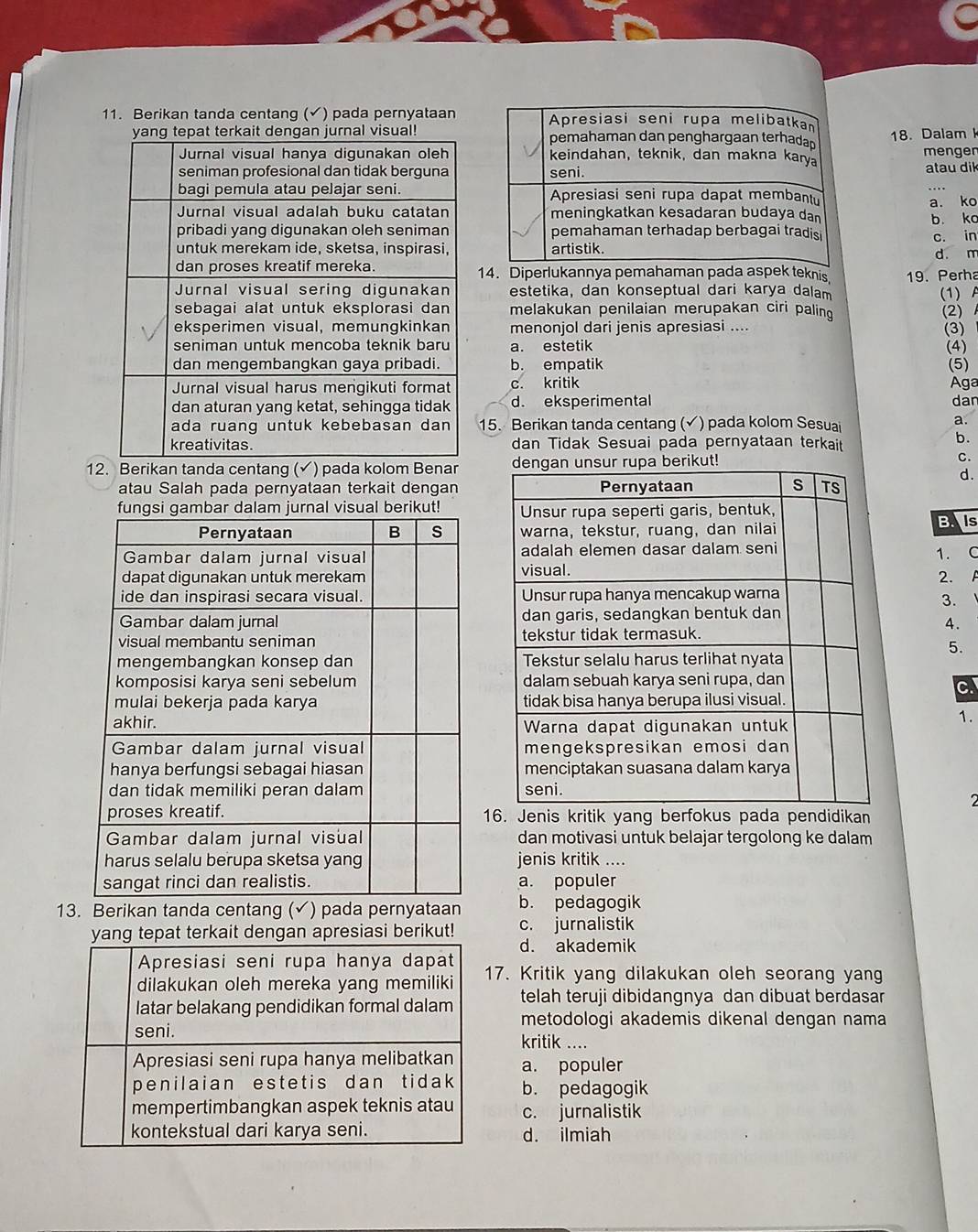 Berikan tanda centang (✔) pada pernyataan
18. Dalam 
menger
atau dik
a. ko
b. ko
c. in d. m
14. Diperluk teknis
estetika, dan konseptual dari karya dalam 19. Perha
(1) A
melakukan penilaian merupakan ciri paling (2)
menonjol dari jenis apresiasi .... (3)
a. estetik (4)
b. empatik (5)
c. kritik Aga
d. eksperimental dan
15. Berikan tanda centang (√) pada kolom Sesua
a.
dan Tidak Sesuai pada pernyataan terkait
b.
12. Berikan tanda centang (✓) pada kolom Benar C.
d.
atau Salah pada pernyataan terkait dengan
si gamdalam jurnal visual berikut!

B Is
1. C
2. 
3.
4.
5.
C
1.
2
16. Jenis kritik yang berfokus pada pendidikan
dan motivasi untuk belajar tergolong ke dalam
jenis kritik ....
a. populer
13. Berikan tanda centang (√) pada pernyataan b. pedagogik
yang tepat terkait dengan apresiasi berikut! c. jurnalistik
d. akademik
17. Kritik yang dilakukan oleh seorang yang
telah teruji dibidangnya dan dibuat berdasar
metodologi akademis dikenal dengan nama
kritik ....
a. populer
b. pedagogik
c. jurnalistik
d. ilmiah