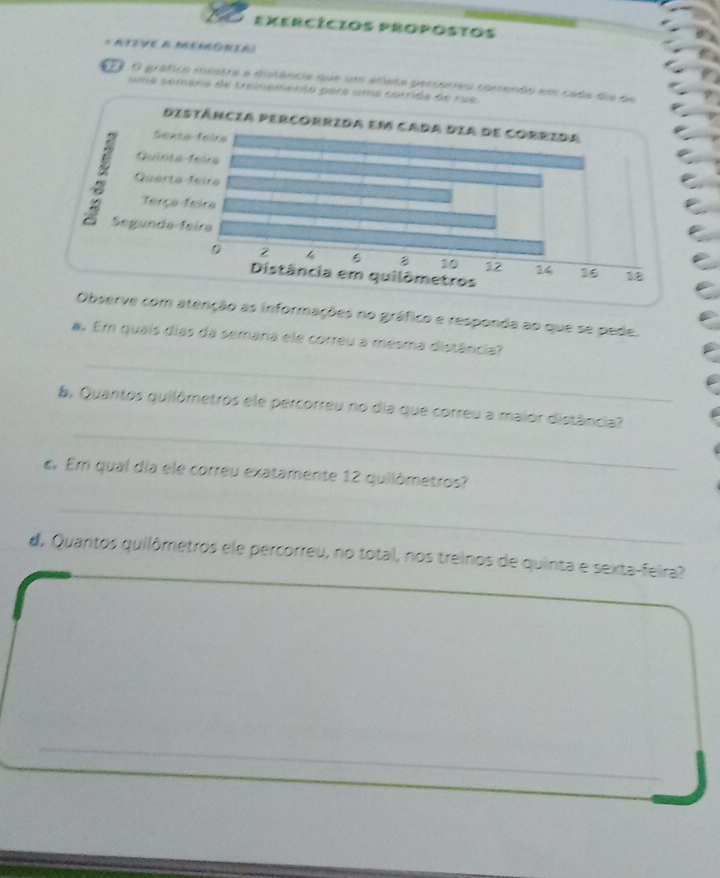 Exercícios propostos 
* ATiVE A MEMÓNTa! 
O grático mostra a distância que um atsta pertóreu correndo em ca 
uma semena de treinemento para uma 
erve com atenção as informações no gráfico e responda ao que se pede. 
_ 
a. Em quais días da semana ele correu a mesma distância? 
_ 
a. Quantos quilômetros ele percorreu no dia que correu a maior distância? 
e. Em qual dia ele correu exatamente 12 quilômetros? 
_ 
d, Quantos quilômetros ele percorreu, no total, nos treinos de quinta e sexta-feira?