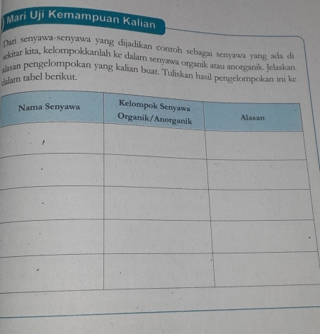 Mari Uji Kemampuan Kalian 
Dari senyawa-senyawa yang dijadikan contoh sebagai senyawa yang ada di 
şkitar kita, kelompokkanılah ke dalam senyawa organik atau anorganik. Jelaskan 
alasan pengelompokan yang kalian buat. Tuliskan hasil pengelompokan ini ke 
dalam tabel berikut.