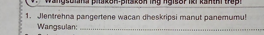 Wangsulana pitakon-pitakon ing ngisor iki kanthi trep! 
1. Jlentrehna pangertene wacan dheskripsi manut panemumu! 
Wangsulan:_