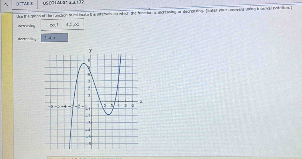 DETAILS OSCOLALG1 3.3.172. 
Use the graph of the function to estimate the intervals on which the function is increasing or decreasing. (Enter your answers using interval notation.) 
increasing - ∞, 1 4, 5, ∞
decreasing 1, 4, 5