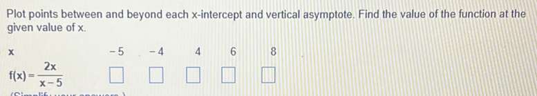 Plot points between and beyond each x-intercept and vertical asymptote. Find the value of the function at the 
given value of x.
-5
x - 4 4 6 8
f(x)= 2x/x-5 