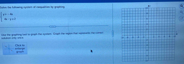 Solve the following system of inequalities by graphing.
beginarrayl y>-4x 4x-y≥ 2endarray.
Use the graphing tool to graph the system. Graph the region that represents the correct 
solution only once. 
Click to 
enlarge 
graph
10