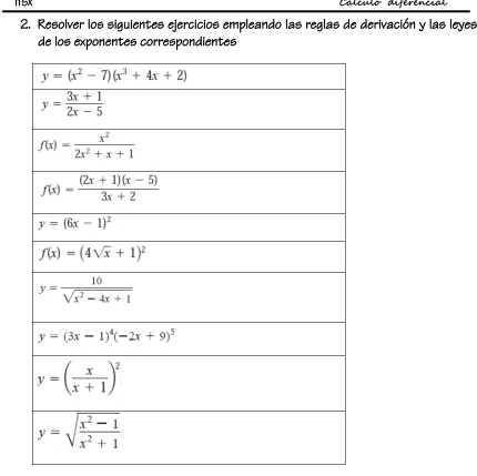 Calcuio dsferêncial
2. Resolver los siguientes ejercicios empleando las reglas de derivación y las leyes
de los exponentes correspondientes