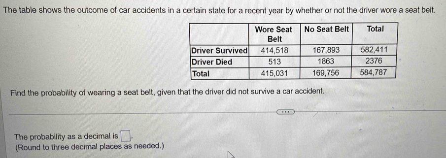 The table shows the outcome of car accidents in a certain state for a recent year by whether or not the driver wore a seat belt. 
Find the probability of wearing a seat belt, given that the driver did not survive a car accident. 
The probability as a decimal is □. 
(Round to three decimal places as needed.)