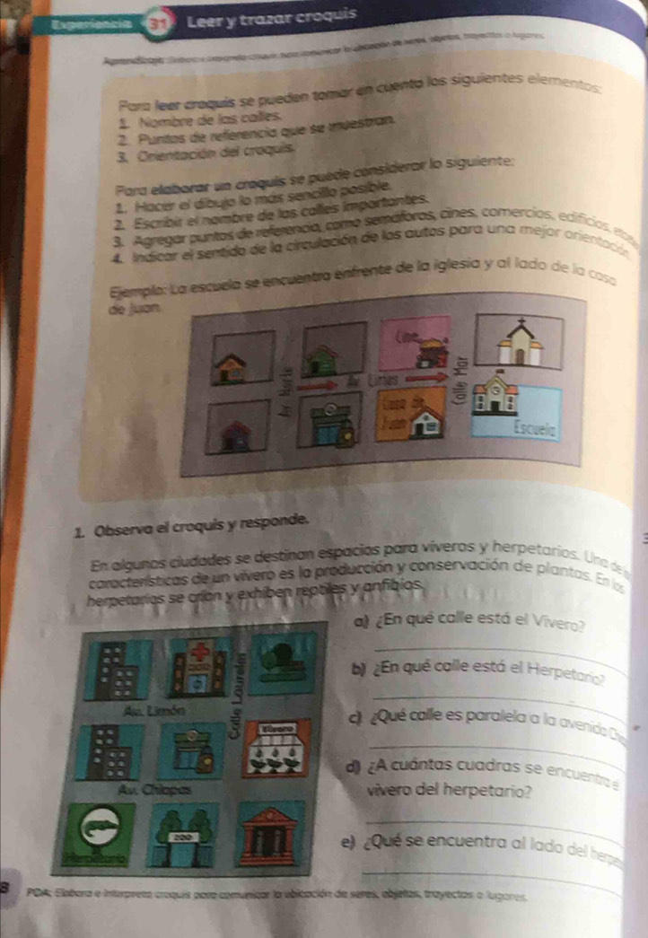 Experiencia Leer y trazar croquis 
Apendio ncor la uncaçón de meres, aletos, tayestios a tugare s 
Para leer croquis se pueden tomar en cuento los siguientes elementos: 
1. Nombre de las calles. 
2. Puntos de referencia que se muestran. 
3. Crientación del croquis 
Para elaborar un craquis se puède considerar lo siguiente: 
1. Hacer el díbujo lo más sencillo posible. 
2. Escribir el nombre de las calles impartantes. 
3. Agregar puntas de referencia, como semáforos, cines, comercios, edificios eo 
4. Indicar el sentido de la circulación de los autos para una mejor arientación 
Eje encuentro enfrente de la iglesia y al lado de la cosa 
de j 
1. Observa el croquis y responde. 
En algunas cludades se destinan espacios para víveros y herpetarios. Una de 
características de un vivero es la producción y conservación de plantas. En los 
herpetarios se crían y exhiben repbles y anfibios. 
a) ¿En qué calle está el Vivero? 
_ 
b) ¿En qué calle está el Herpetario? 
_ 
_ 
d ¿ Qué colle es paralela a la avenda 
d) ¿A cuántas cuadras se encuentra é 
vivero del herpetario? 
_ 
_ 
e) ¿Qué se encuentra al lado del hepe 
5 PQA, Elatera e inturpreta croquis para comunicar la obicación de seres, objetas, trayectos a lugares.