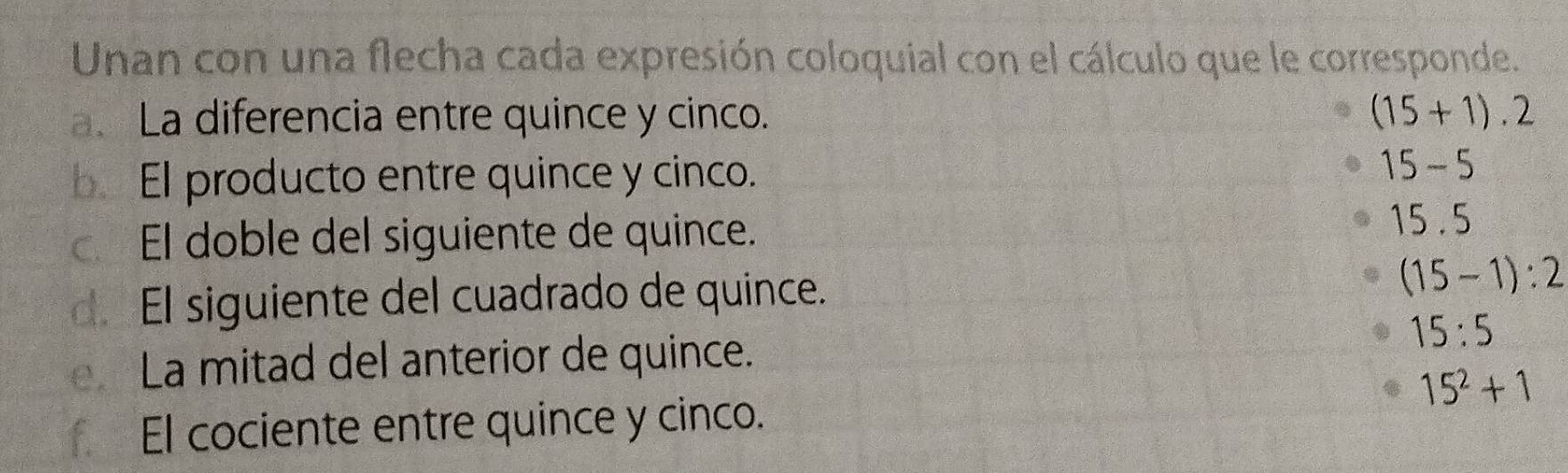 Unan con una flecha cada expresión coloquial con el cálculo que le corresponde.
a. La diferencia entre quince y cinco. (15+1).2
b El producto entre quince y cinco. 15-5
€£El doble del siguiente de quince. 15.5
d. El siguiente del cuadrado de quince.
(15-1):2
e La mitad del anterior de quince.
15:5
15^2+1
El cociente entre quince y cinco.