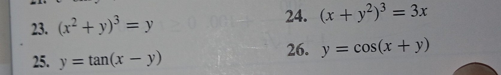 (x^2+y)^3=y
24. (x+y^2)^3=3x
26. y=cos (x+y)
25. y=tan (x-y)