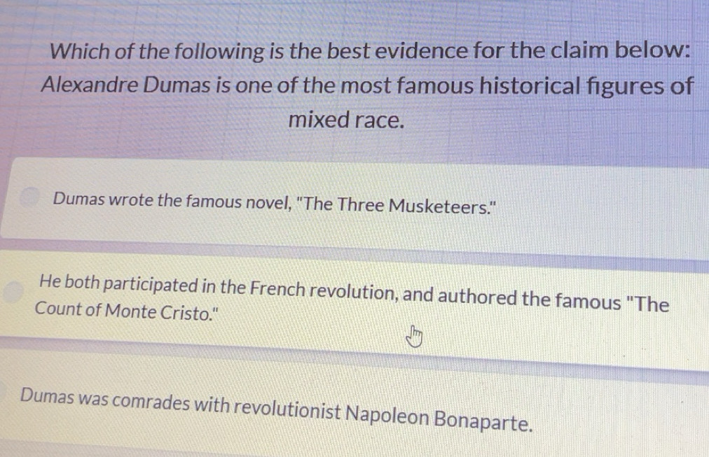 Gelöst:Which of the following is the best evidence for the claim below ...