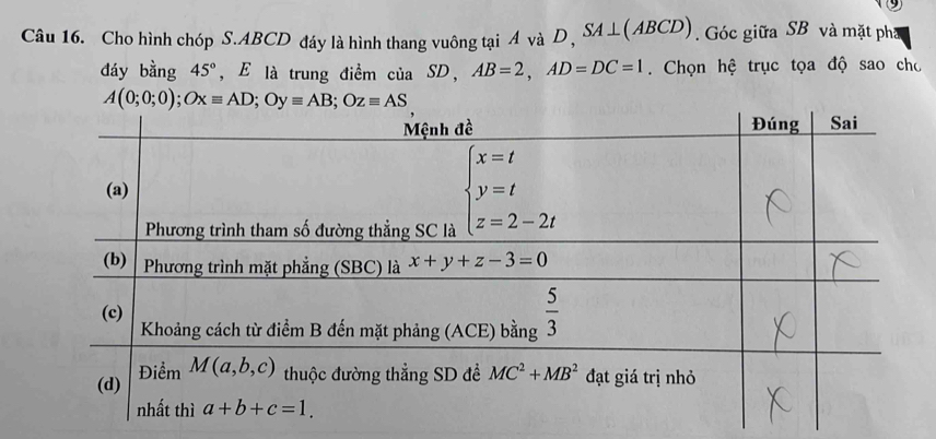 Cho hình chóp S.ABCD đáy là hình thang vuông tại A và D, SA⊥(ABCD). Góc giữa SB và mặt phả
đáy bằng 45° , E là trung điểm của SD, AB=2,AD=DC=1 Chọn hệ trục tọa độ sao cho