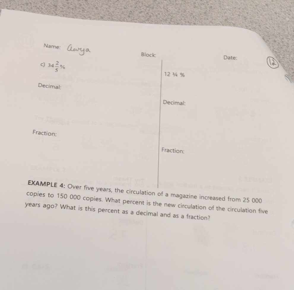 Solved: Name: Block: Date: c) 34 2/5 % 12 ¾ % Decimal: Decimal ...
