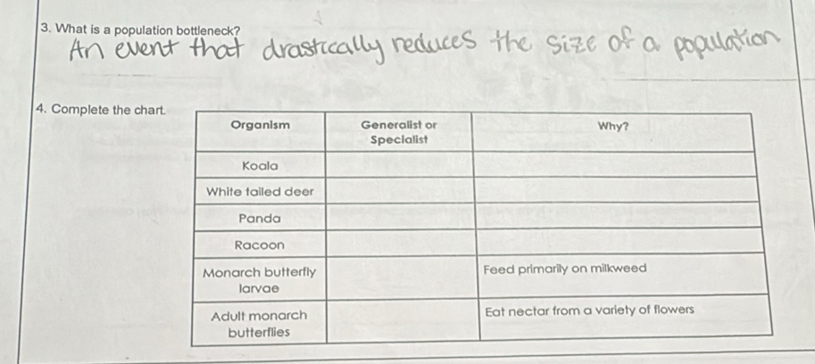 What is a population bottleneck? 
4. Complete the ch