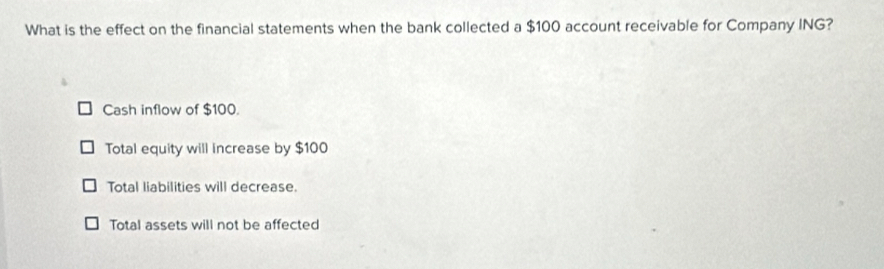 What is the effect on the financial statements when the bank collected a $100 account receivable for Company ING?
Cash inflow of $100.
Total equity will increase by $100
Total liabilities will decrease.
Total assets will not be affected