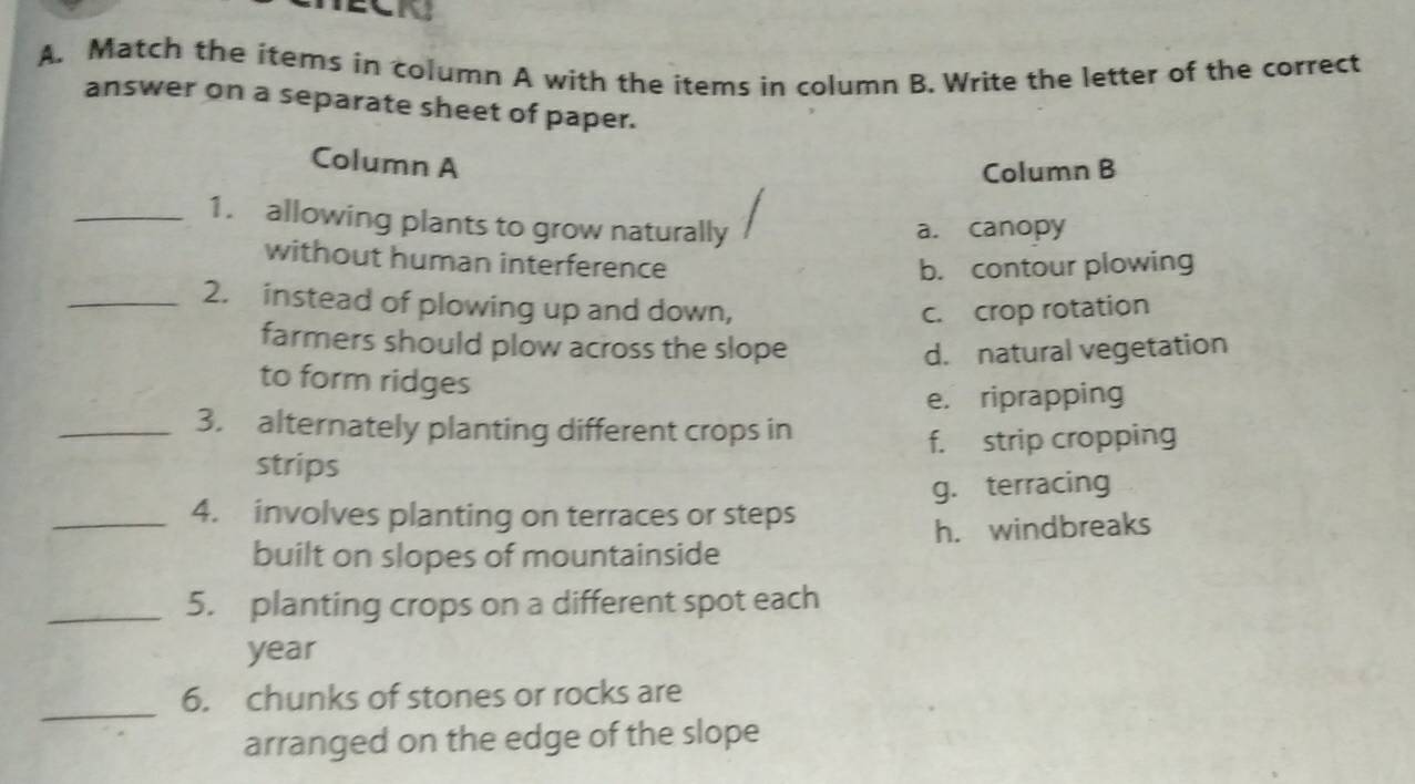 eeng
A. Match the items in column A with the items in column B. Write the letter of the correct
answer on a separate sheet of paper.
Column A
Column B
_1. allowing plants to grow naturally a. canopy
without human interference b. contour plowing
_2. instead of plowing up and down, c. crop rotation
farmers should plow across the slope d. natural vegetation
to form ridges
e. riprapping
_3. alternately planting different crops in
strips f. strip cropping
g. terracing
_4. involves planting on terraces or steps
built on slopes of mountainside h. windbreaks
_5. planting crops on a different spot each
year
_
6. chunks of stones or rocks are
arranged on the edge of the slope